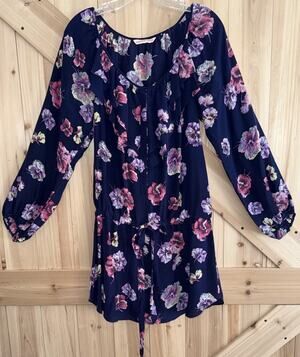 Rebecca Taylor 100% Silk Navy Floral Ruffle Drawstring Waist Dress *No Sz Tag* S